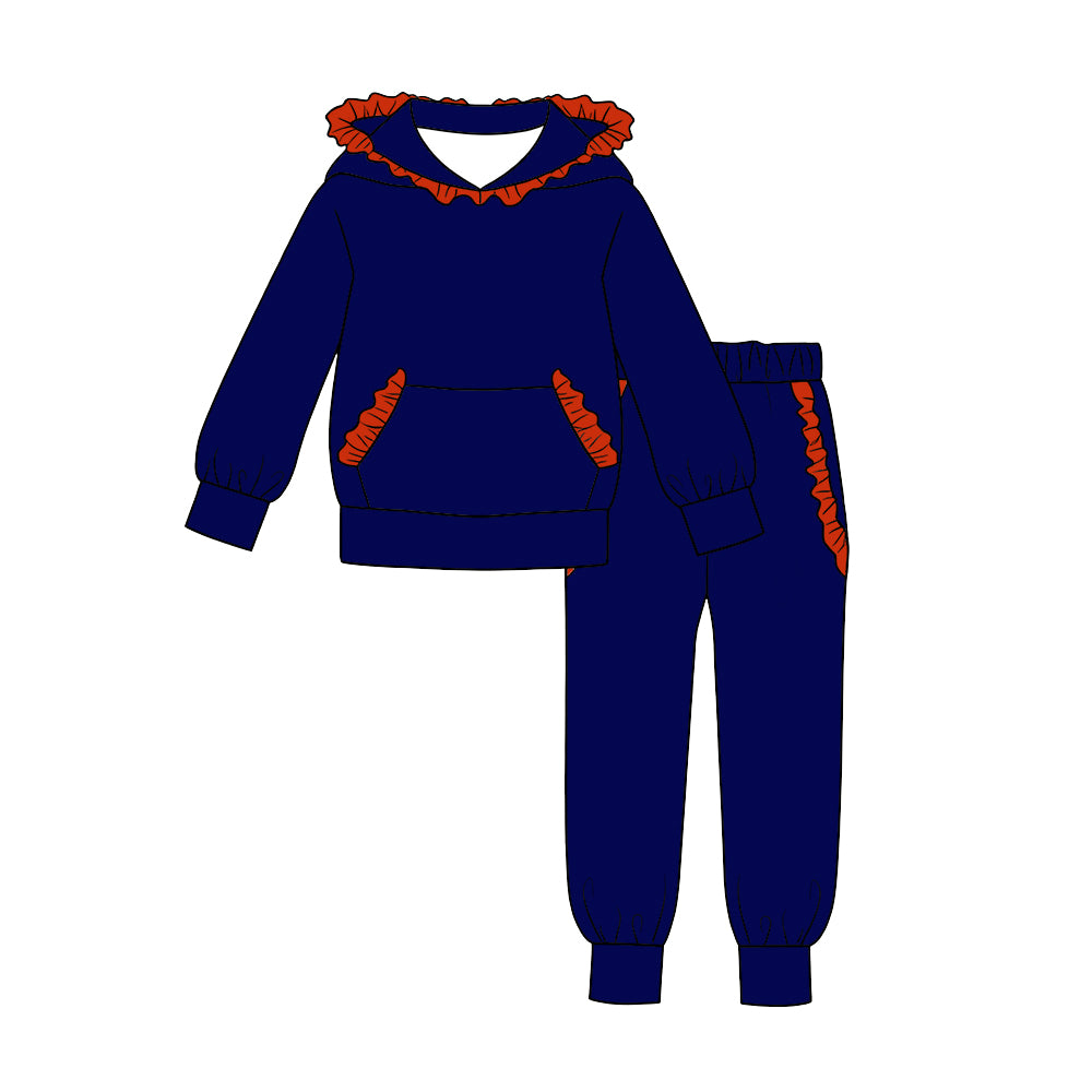 custom moq 5 mix size cotton fabric for girls hoodie sets Blue and red cotton long-sleeved top and trousers set blank offer custom logo