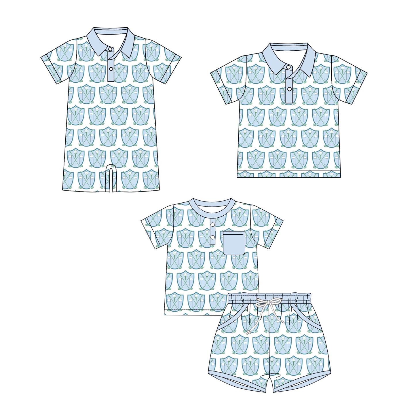 3.27 Custom moq 5 mix size Sibling Baby Boy Blue Short-Sleeved Pajama Set Romper And Short-Sleeved Polo Shirt