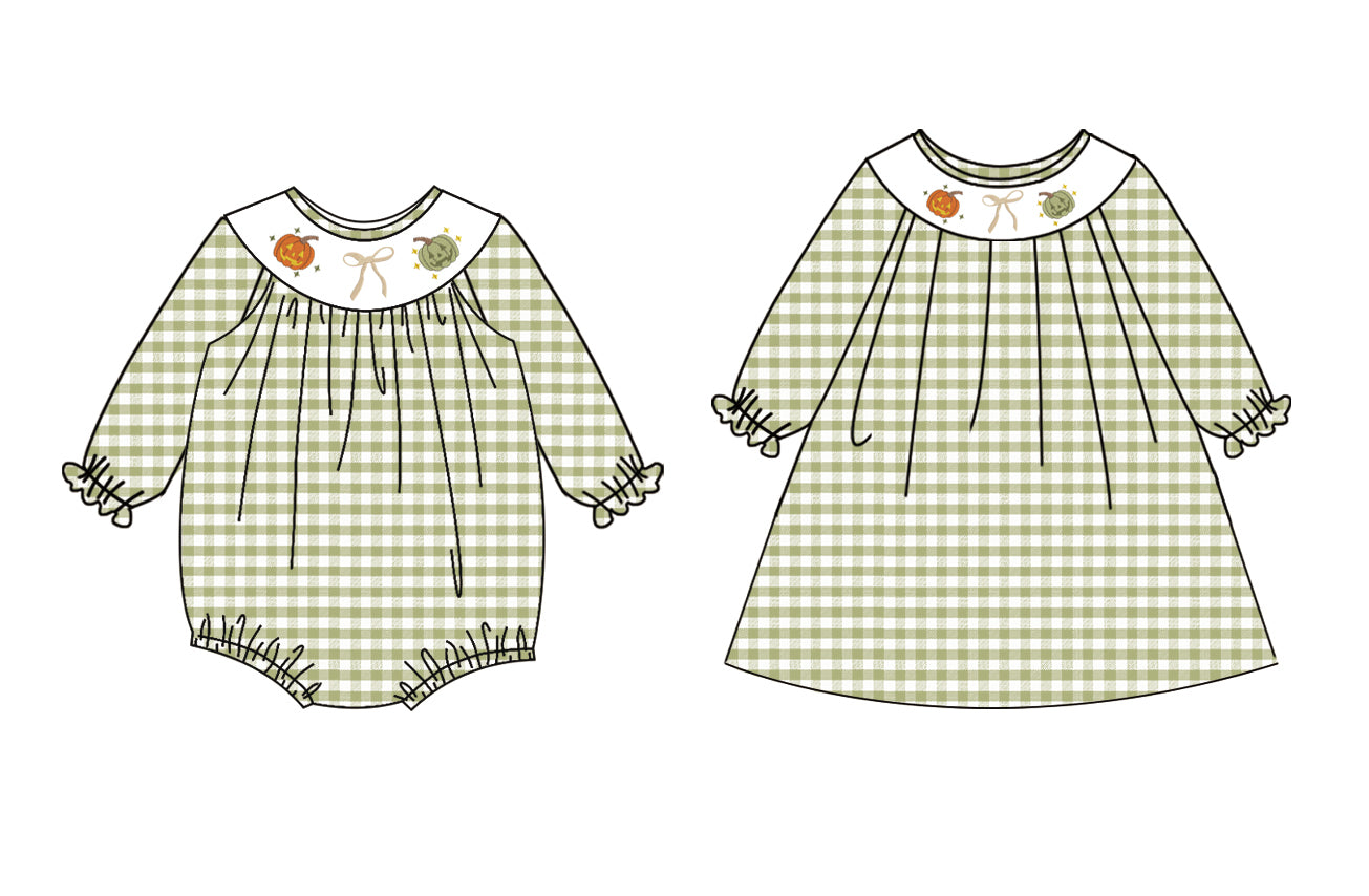 25.5.14 custom each style moq 5eta 4-6week Sibling Sisters pumpkin bow baby girl long sleeve dress and rompers match family design