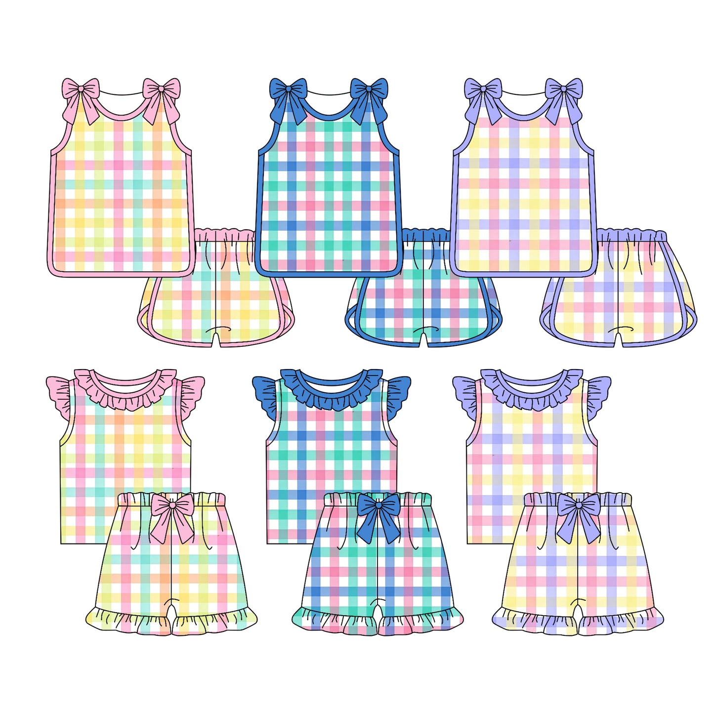 3.25 Custom moq 5 mix size Sibling Baby Girl's Checked Flutter Sleeve Top And Shorts Set Cute Casual Outfit
