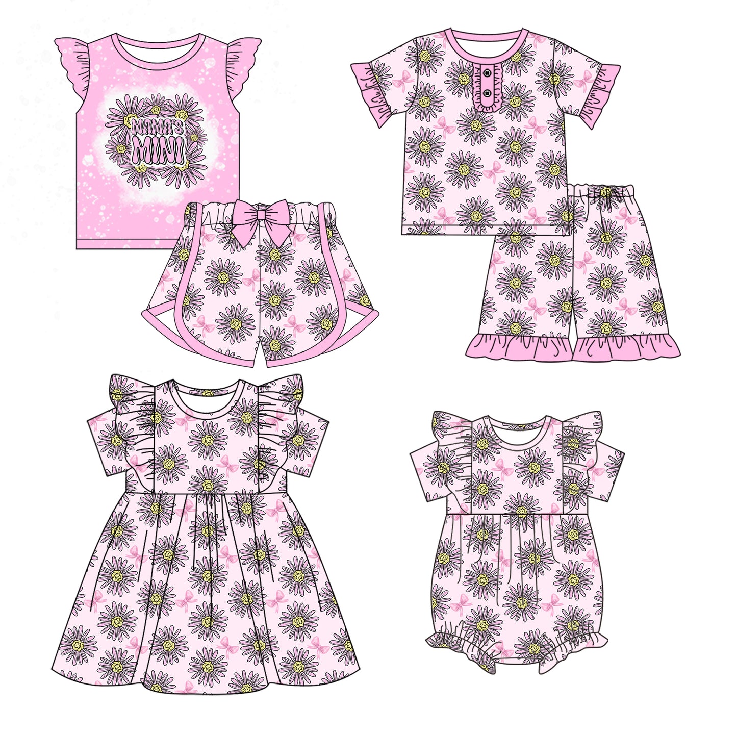 12.21 custom each style moq 5eta 4-6week Sibling Sister MAMAMINI baby girl short sleeve shorts sets and sets 2 and girls romper and boy romper and dress match design