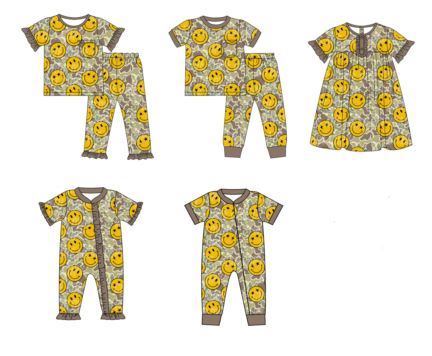 11.13 custom each style moq 5eta 4-6week Sibling Sister smiley baby girl sets 1 and sets 2 and dress and boy rompers and girl romper match family design