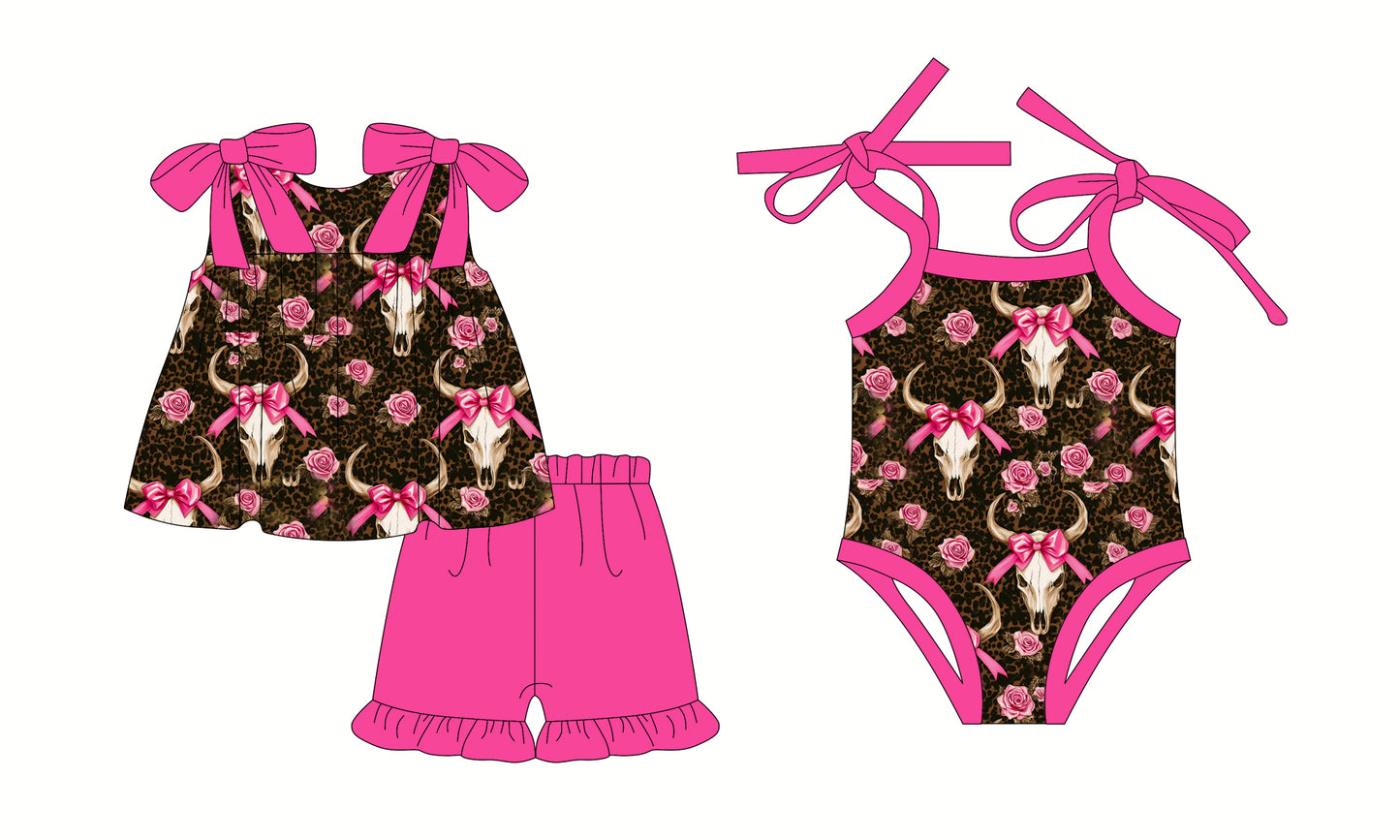 2.25 custom each style moq 5eta 4-6week Sibling Sister cow head bow floral baby girl short sleeve shorts sets and romper match design