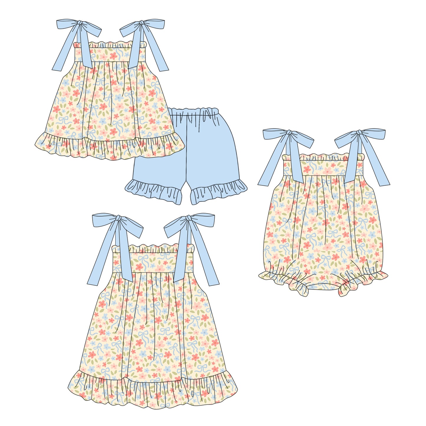 3.19 Custom moq 5 mix size Sibling Baby Girl's Flowers Sleeveless Top And Blue Short Set Cute Romper Dress for Summer