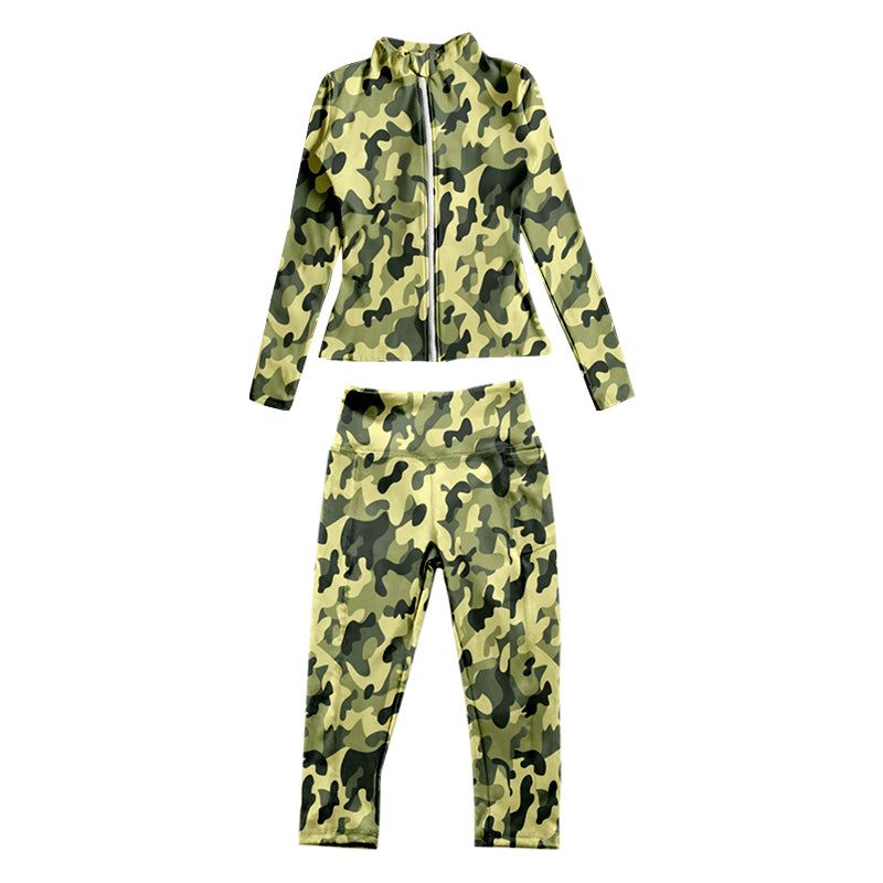 7.3 custom each style moq 5eta 4-6week baby girls clothes camouflage green Yoga Suit Zipper Long Sleeve Pants Set