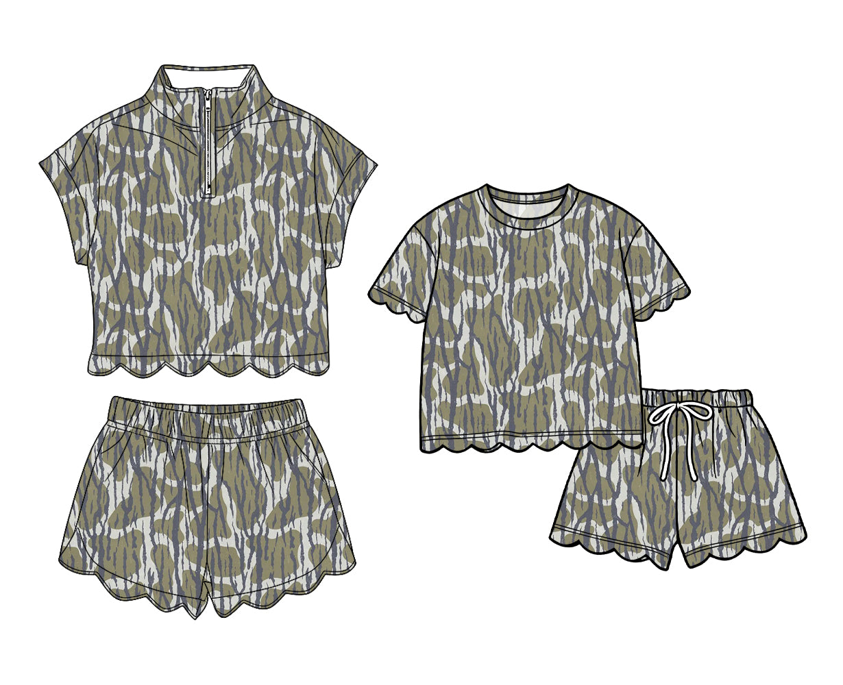 3.13 Custom moq 5 mix size Sibling Baby Girls Camo Scallop Top And Shorts Outfit Set Cute Baby Girl Clothing Set