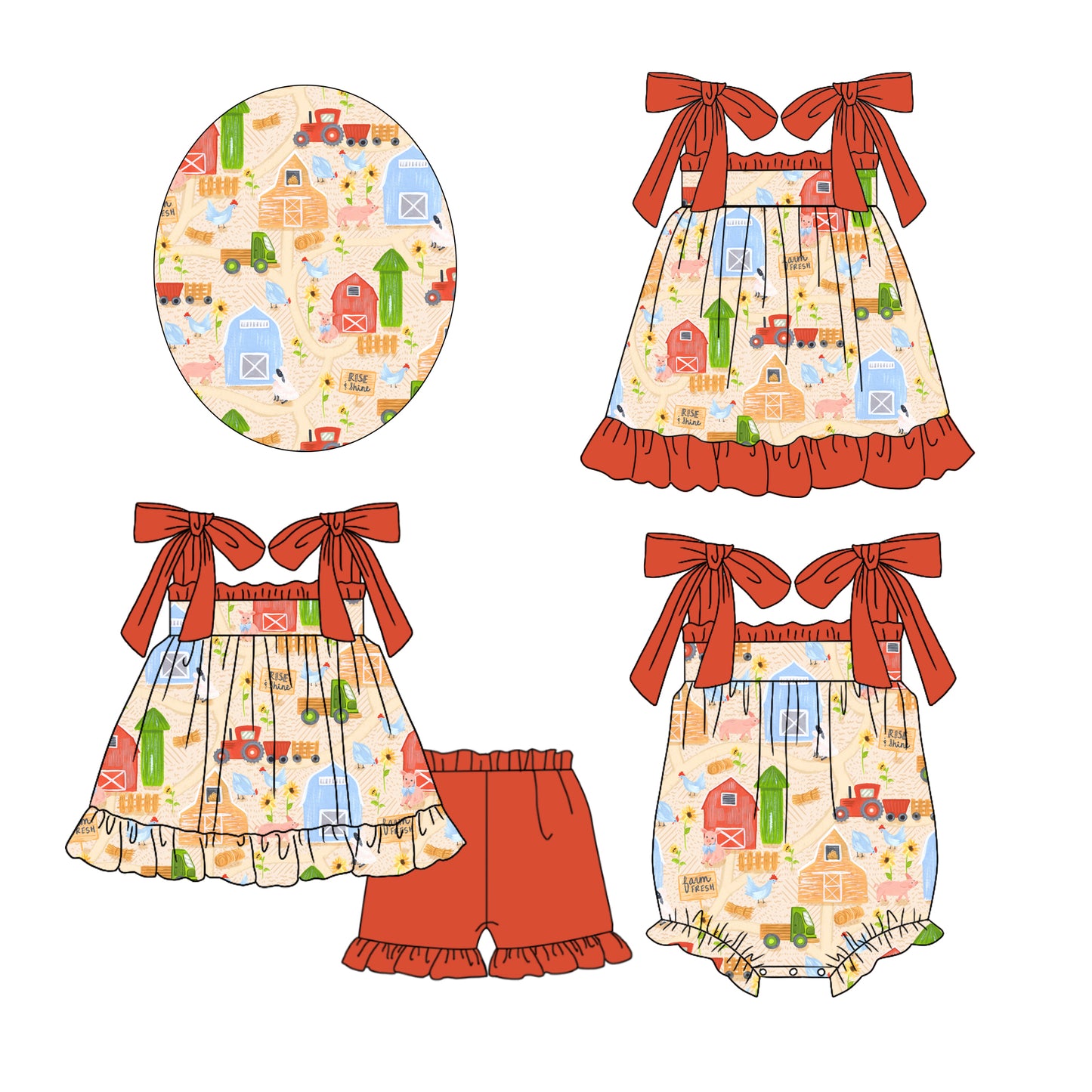 11.21 custom each style moq 5eta 4-6week Sibling Sister farm baby girl short sleeve shorts sets and dress and rompers match family design