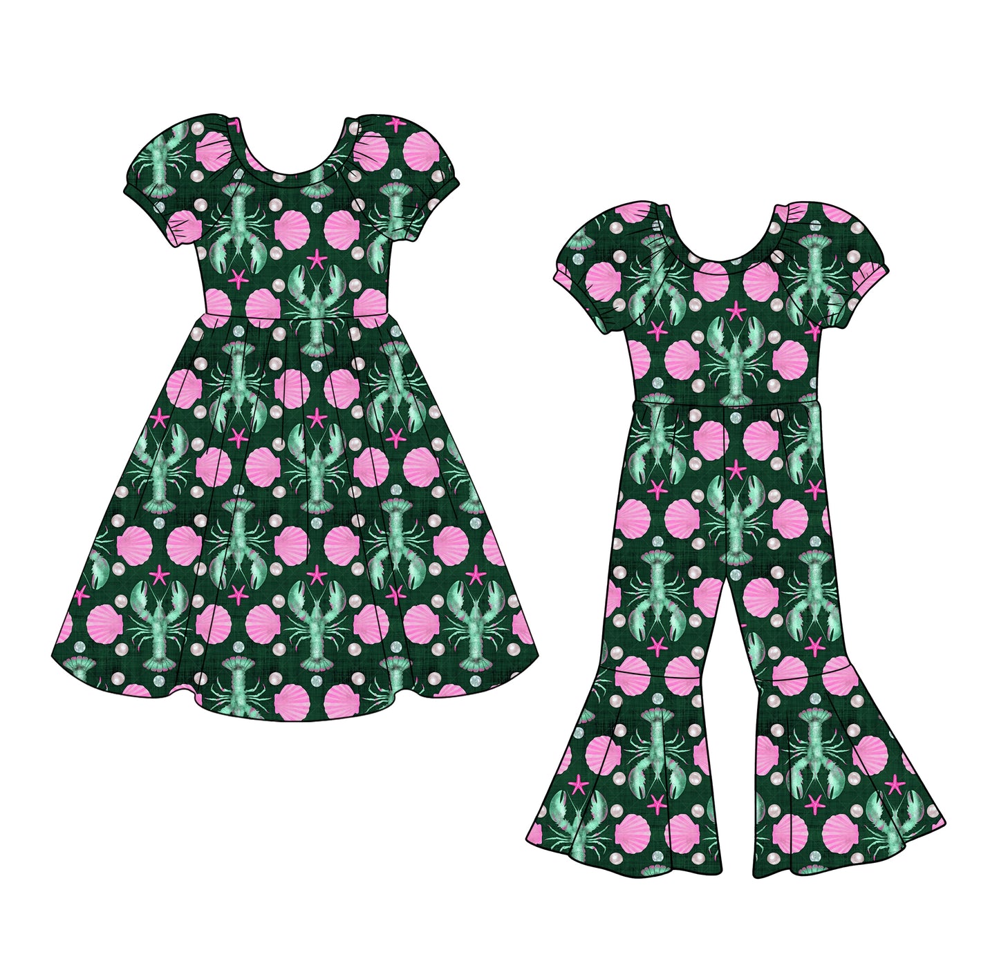 25.12.16 custom each style moq 5 eta 6-8week Sibling Sister lobster baby short sleeve dress and jumpsuit match design