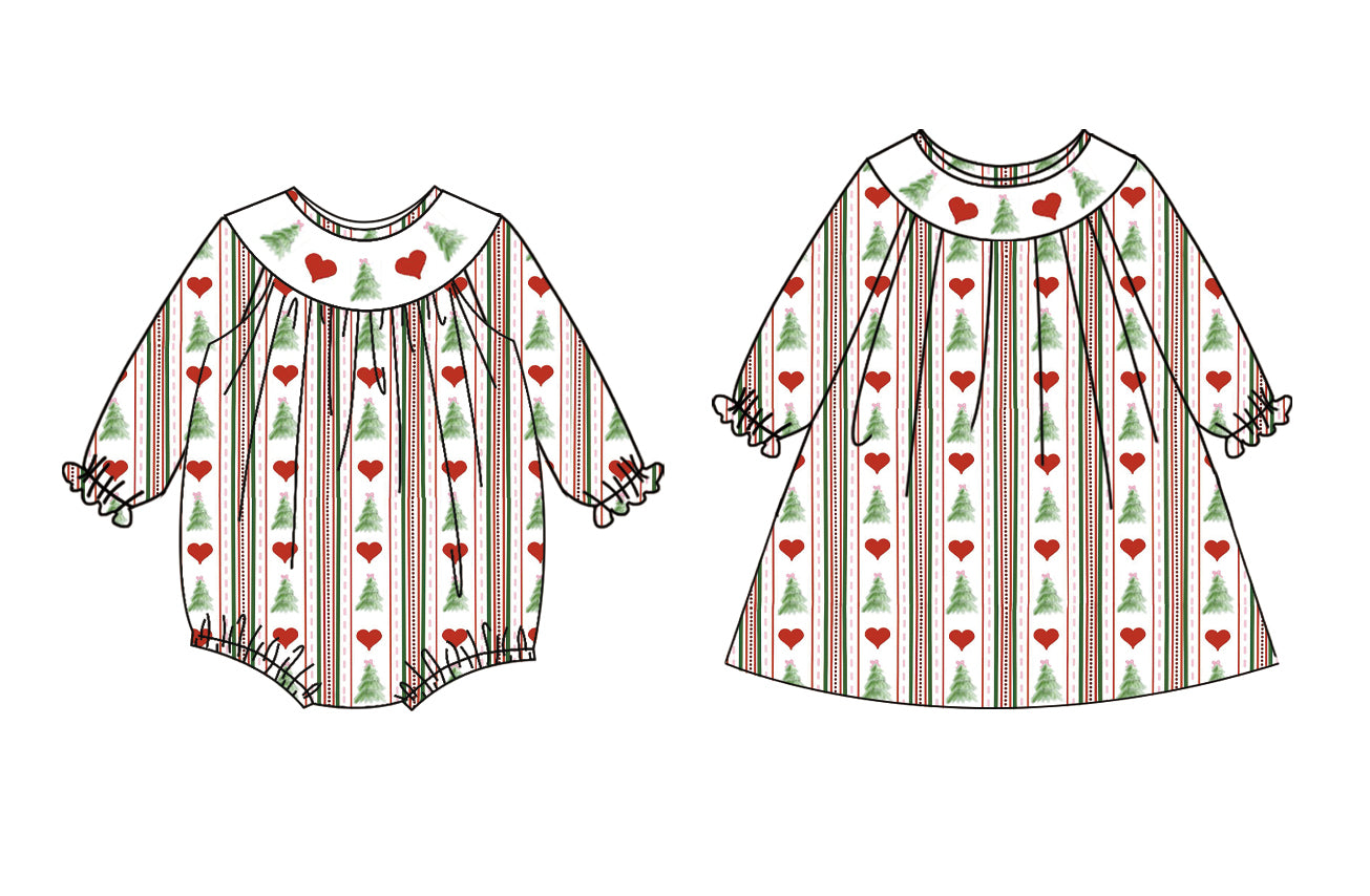 25.7.3 custom each style moq 5eta 4-6week Sibling Sisters Christmas trees baby girl long sleeve dress and rompers match family design