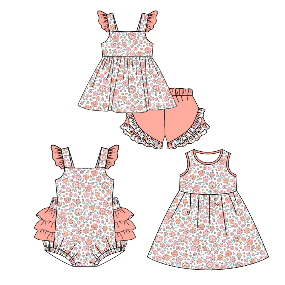4.3 custom each style moq 5eta 4-6week Sibling Sisters floral baby girl short sleeve shorts sets and dress and rompers match family design