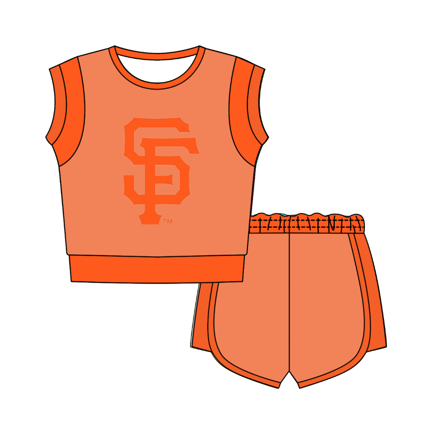 Custom moq 5 mix size milk silk summer teams Orange Sleeveless O-Neck Top And Shorts Set Cute And Comfortable Kids' Outfit