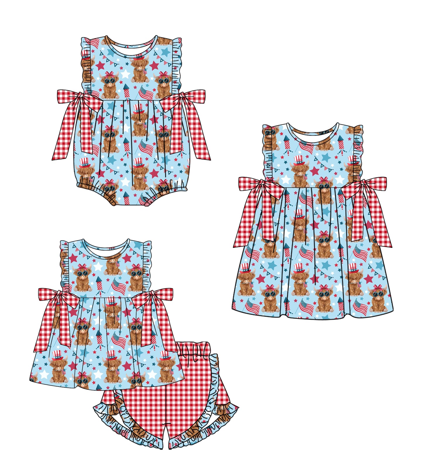 Custom moq 5 mix size Sibling Baby Girl's 4th of July blue Short-Sleeved Top And Shorts Set Cute Romper Dress for Spring Summer