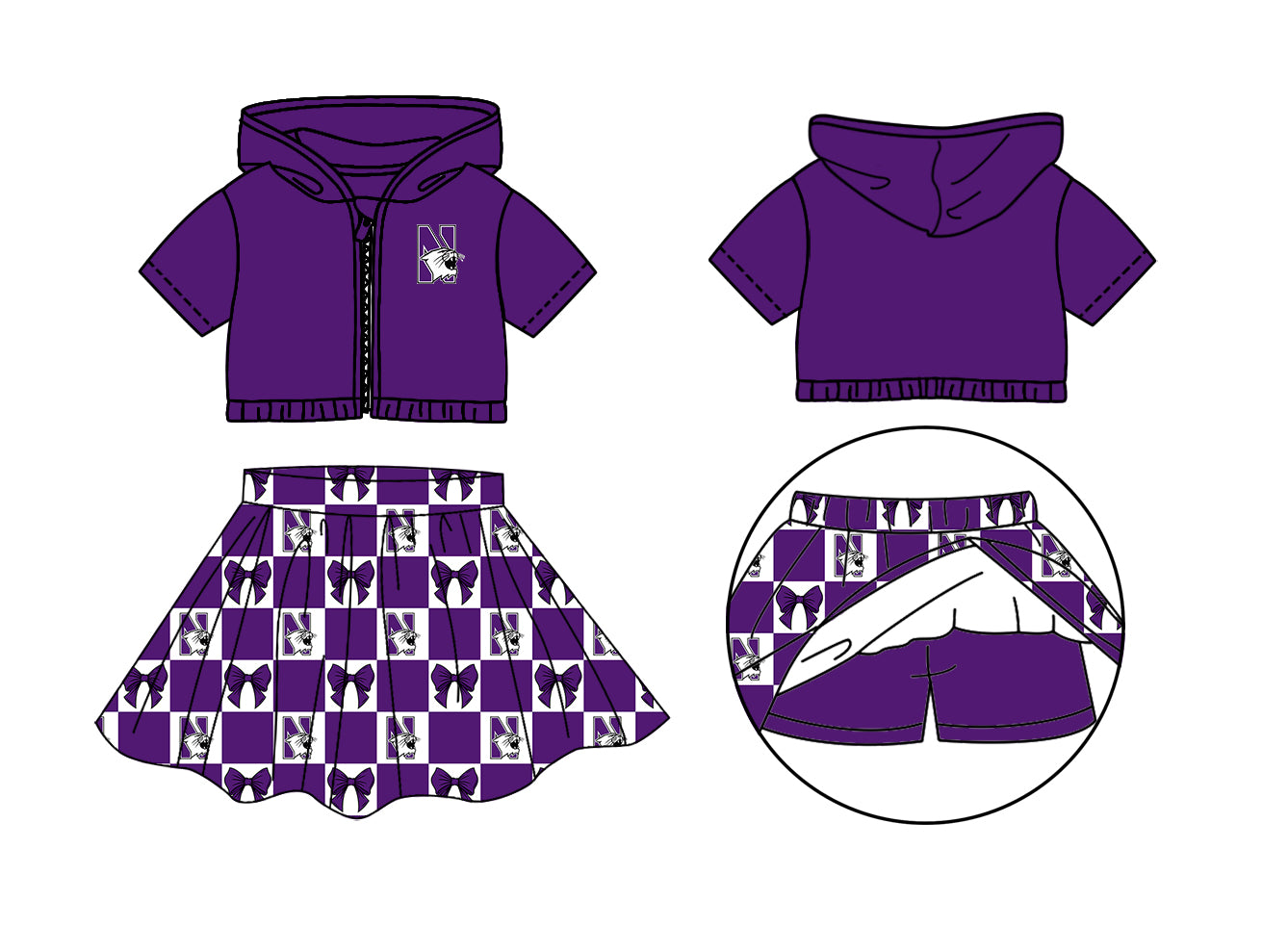 Custom moq 3 or 5 mix size milk silk summer teams baby girl clothes bow purple zipper hooded short sleeve shorts skirts sets-26.1.22