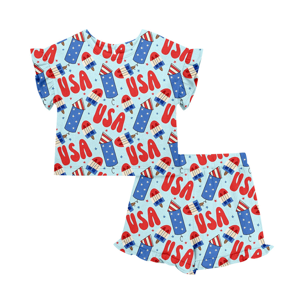 Custom moq 5 mix size Baby Girl's Short-Sleeved Top And Shorts Set Cute 4th of July Outfit