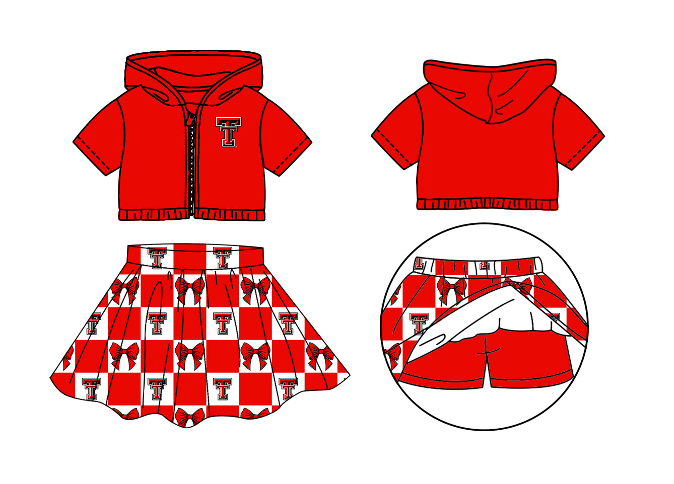 Custom moq 3 or 5 mix size milk silk summer teams baby girl clothes bow red zipper hooded short sleeve shorts skirts sets-26.1.26