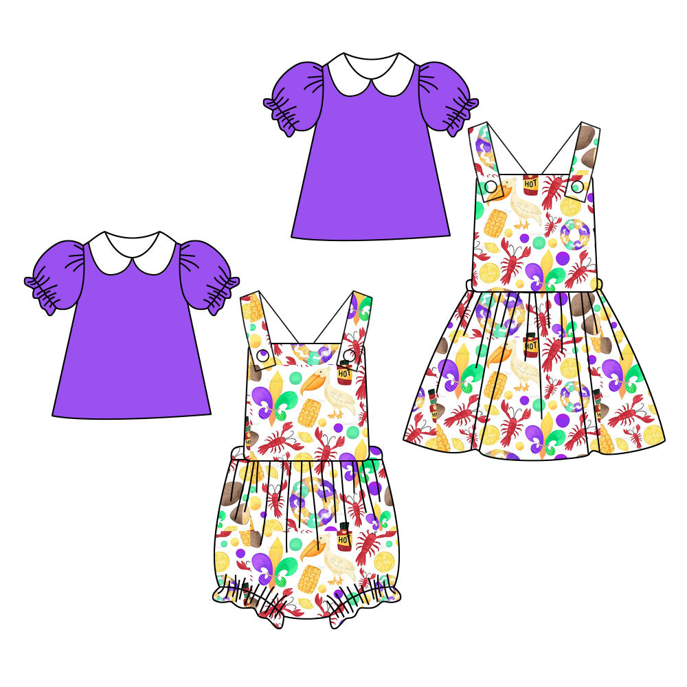 25.10.14 custom each style moq 5 eta 6-8week Sibling Sisters mardi gras baby girl short sleeve top and rompers and dress match family design