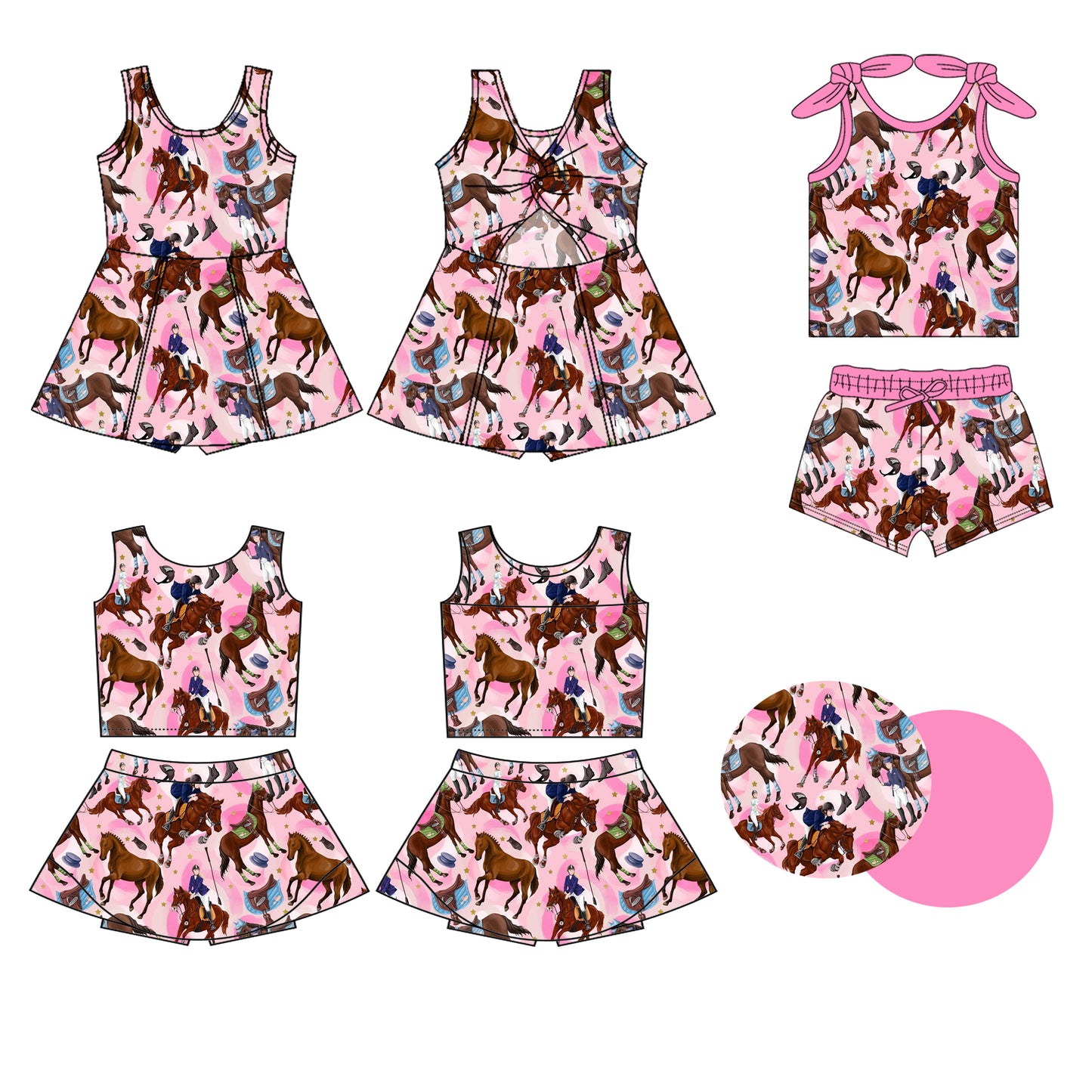 3.5 custom each style moq 5eta 4-6week Sibling Sister horse baby girls clothes Short Sleeve shorts sets and yoga dress 1 and dress 2 match family design