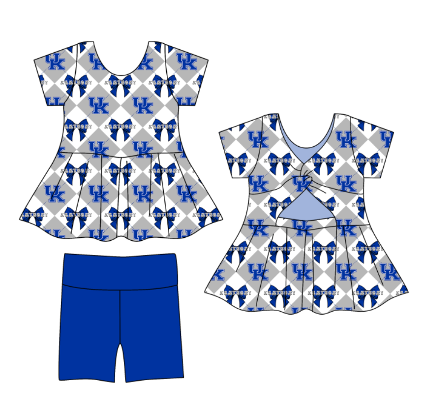 Custom moq 5 mix size blue Plaid Baby Girl's Short-Sleeved Shirt And Shorts Team Outfit Children's Clothing Set for Girls
