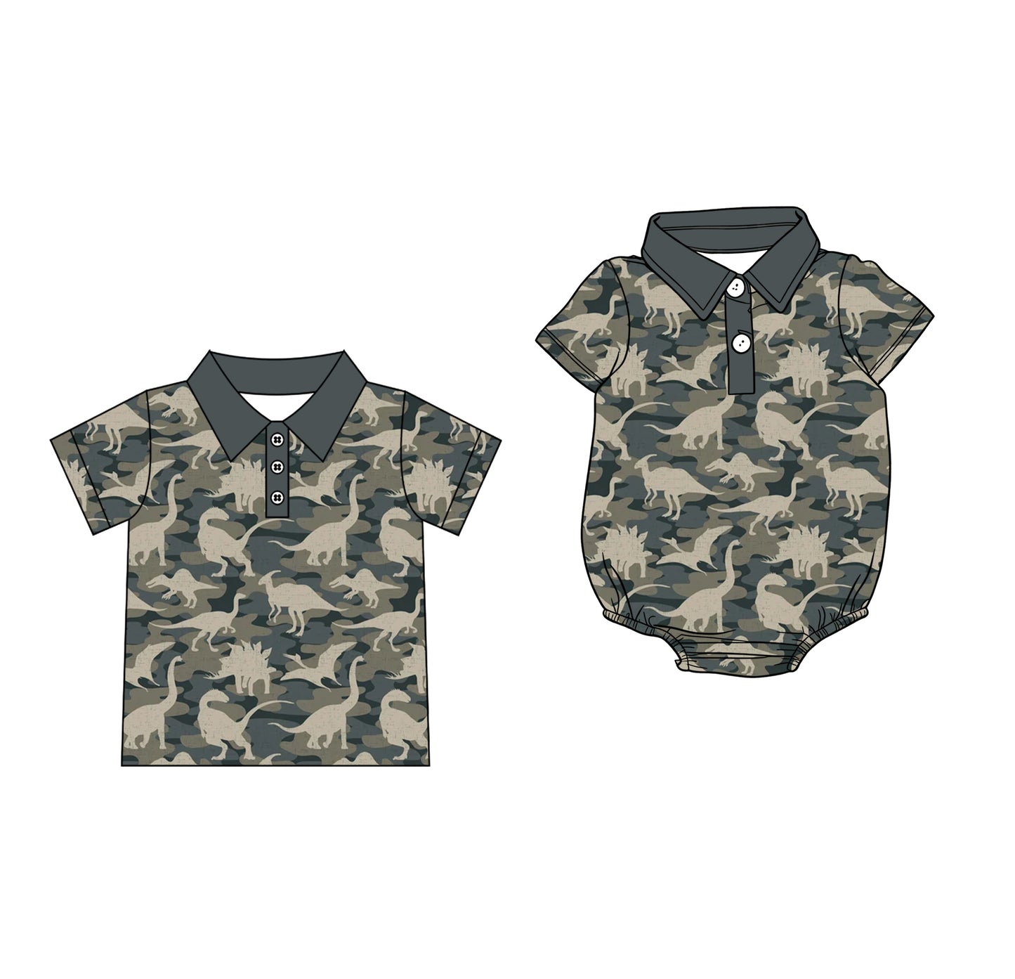 Custom moq 5 mix size Sibling Baby Boys Green Camouflage Short-Sleeved Polo Shirt Romper Comfortable Breathable Clothing