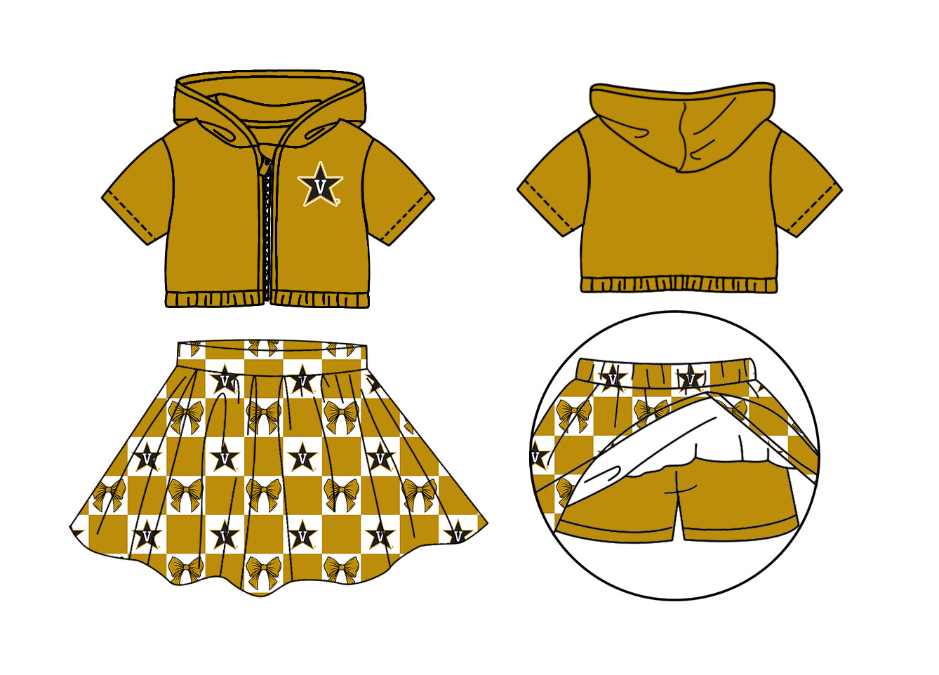 Custom moq 3 or 5 mix size milk silk summer teams baby girl clothes bow khaki zipper hooded short sleeve shorts skirts sets-26.1.20