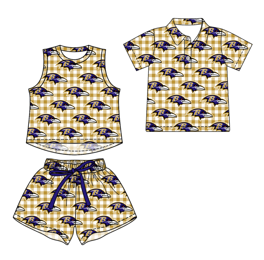 Custom moq 5 mix size milk silk summer teams Girls Yellow Checked Top And Drawstring Short Sets Boys Checked Short Sleeve Button Polo Shirt Top