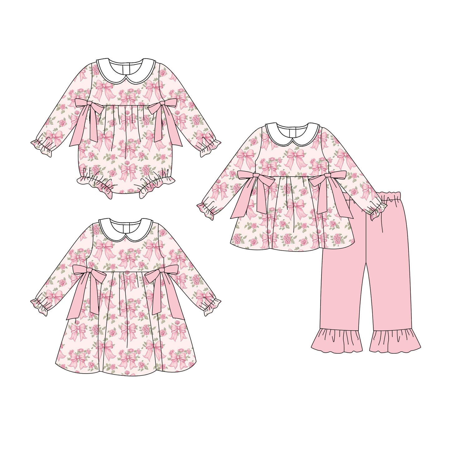 25.7.18 custom each style moq 5eta 4-6week Sibling Sisters bow floral pink baby girl long sleeve pants sets and dress and rompers match family design