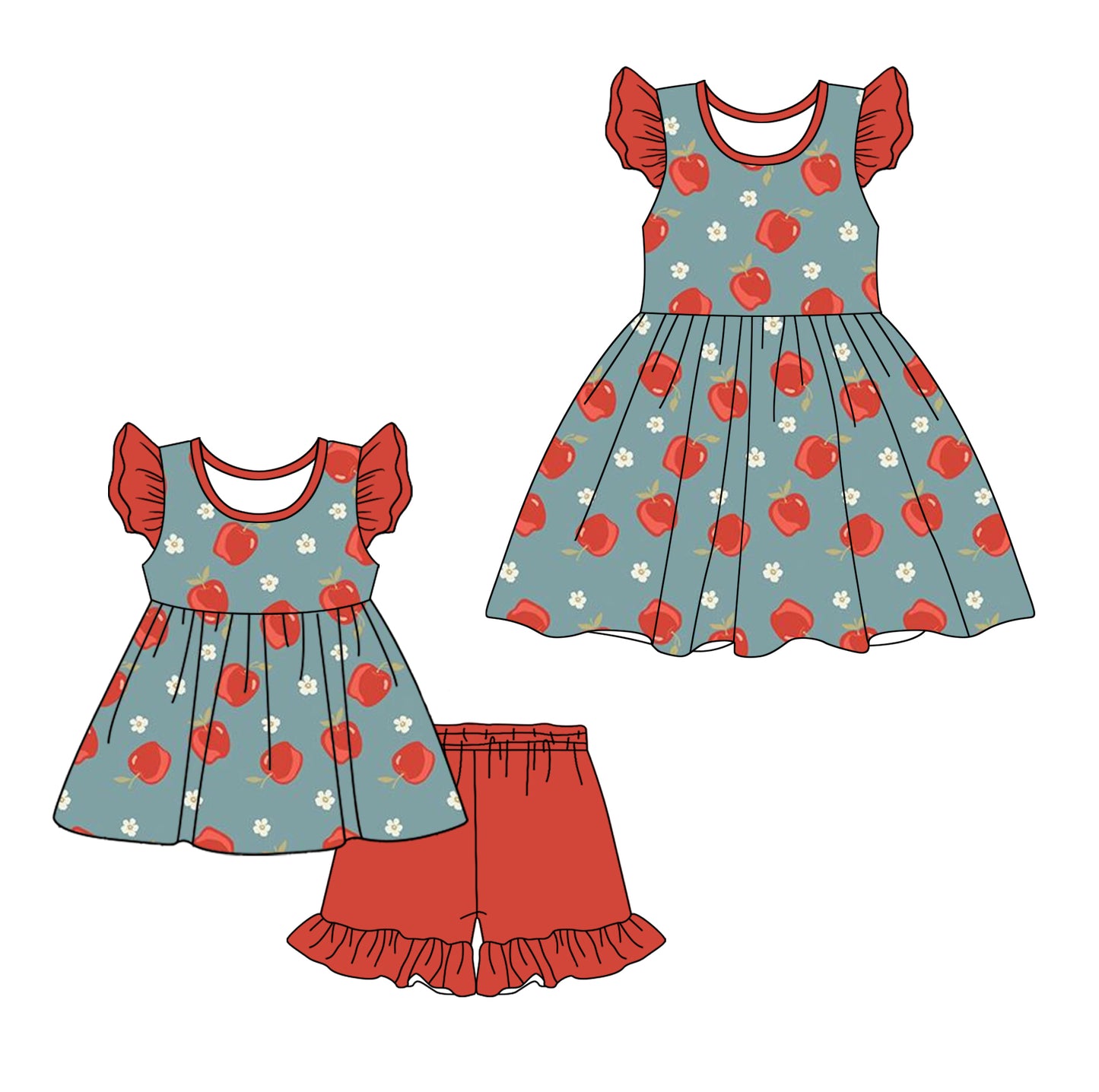 2.11 custom each style moq 5eta 4-6week Sibling Sister apple baby girl short sleeve shorts sets and dresses match design