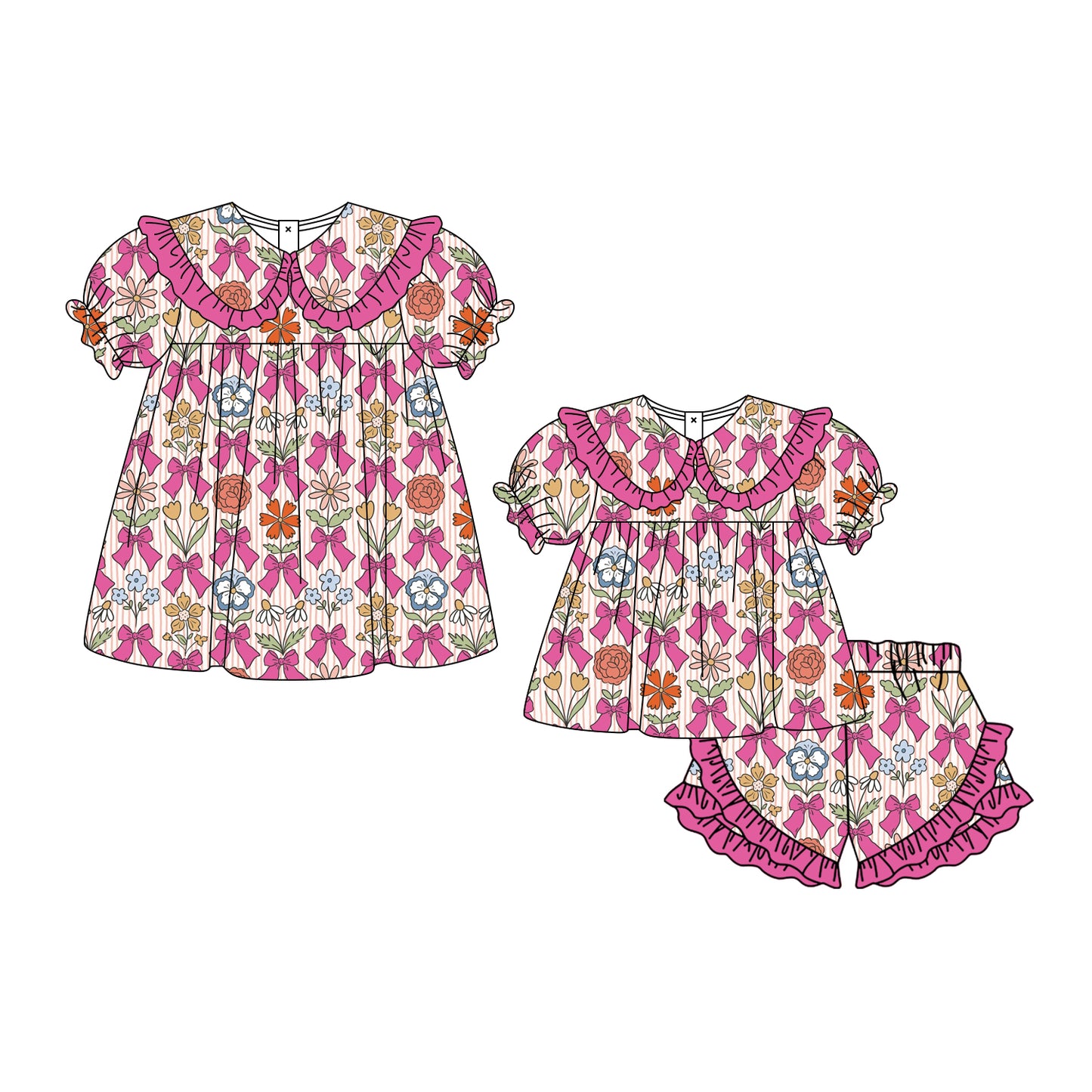 3.3 Custom moq 5 mix size Sibling Baby Girl's pink flowers Short-Sleeved Top And Shorts Set Cute Dress for Summer