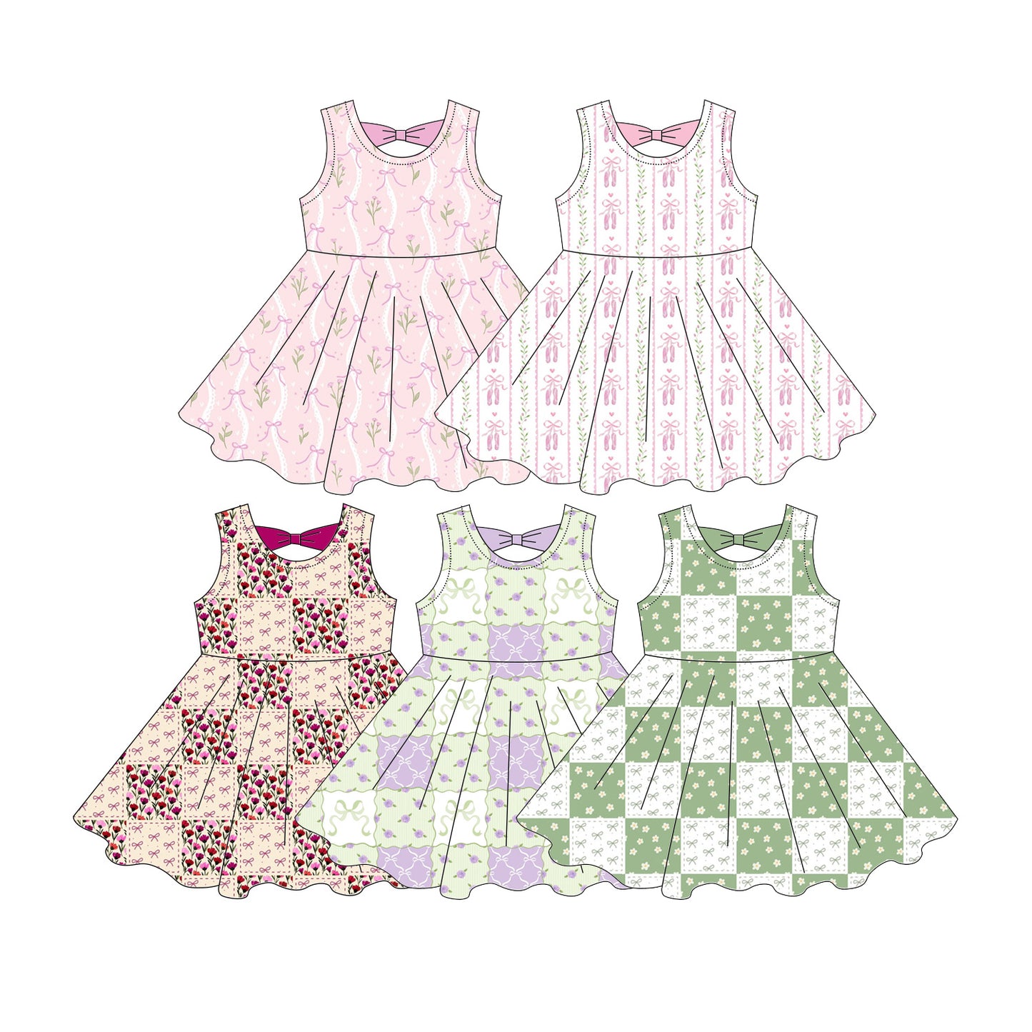 3.10 Custom moq 5 mix size Sibling Baby Girl Sleeveless Bow Print Dress Knee-Length Casual Wear for Infants
