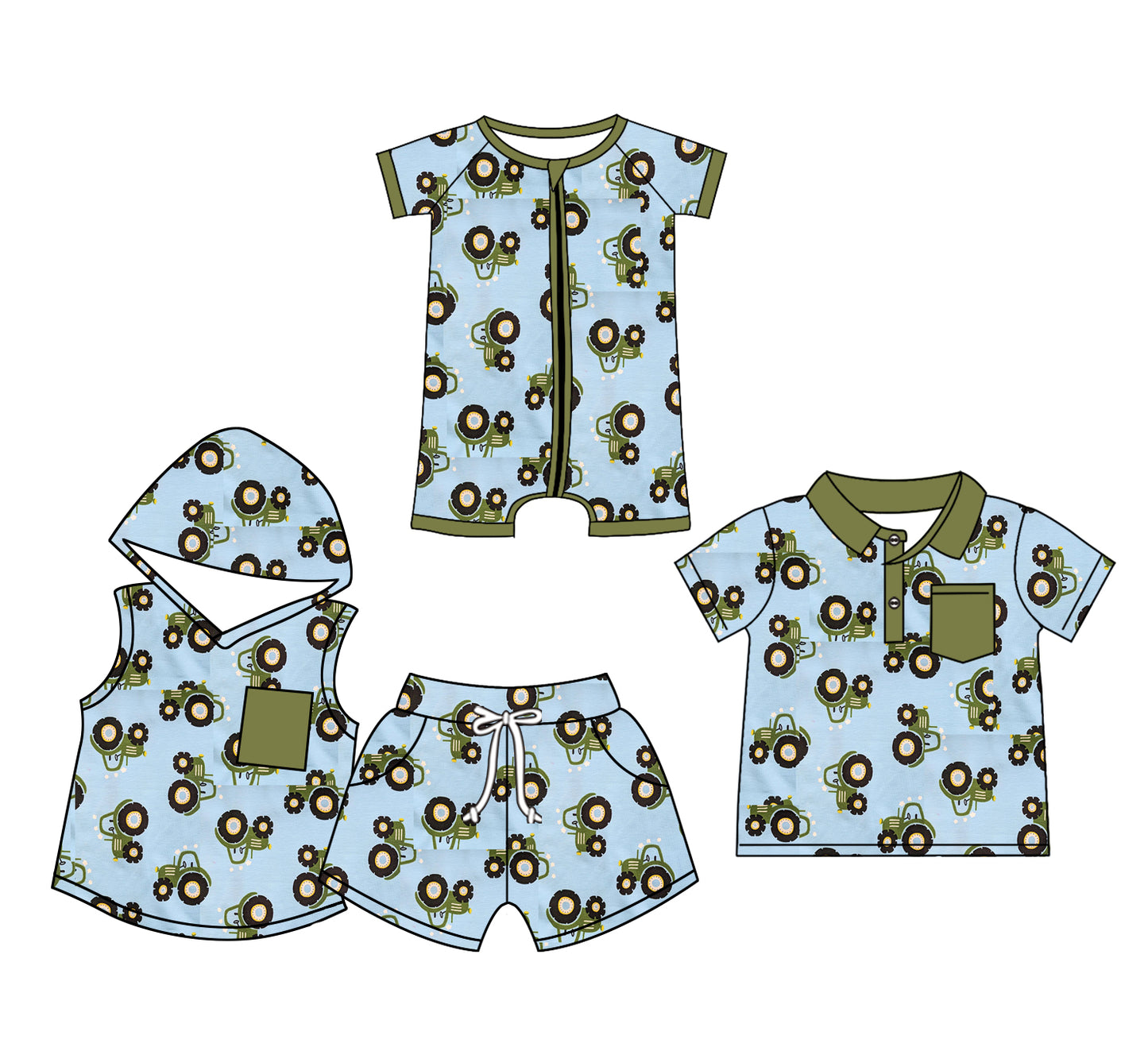 12.20 custom each style moq 5eta 4-6week Sibling Sister tractor baby boy short sleeve shorts sets and boy romper and top match design