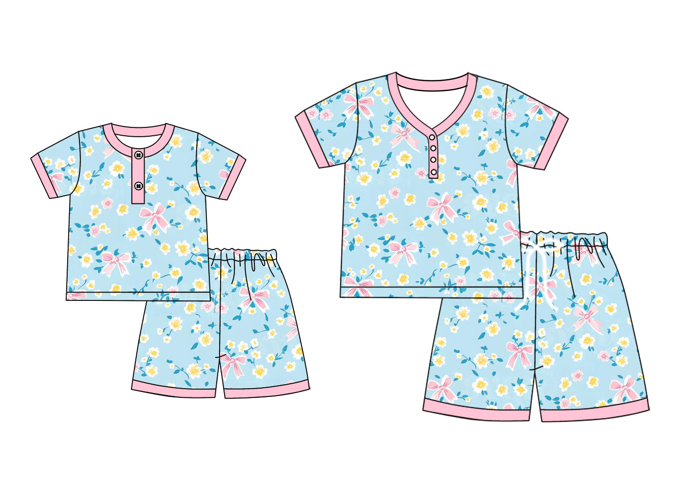 4.23 custom each style moq 5eta 4-6week Sibling Sister bow floral short sleeve shorts sets and adult sets match design