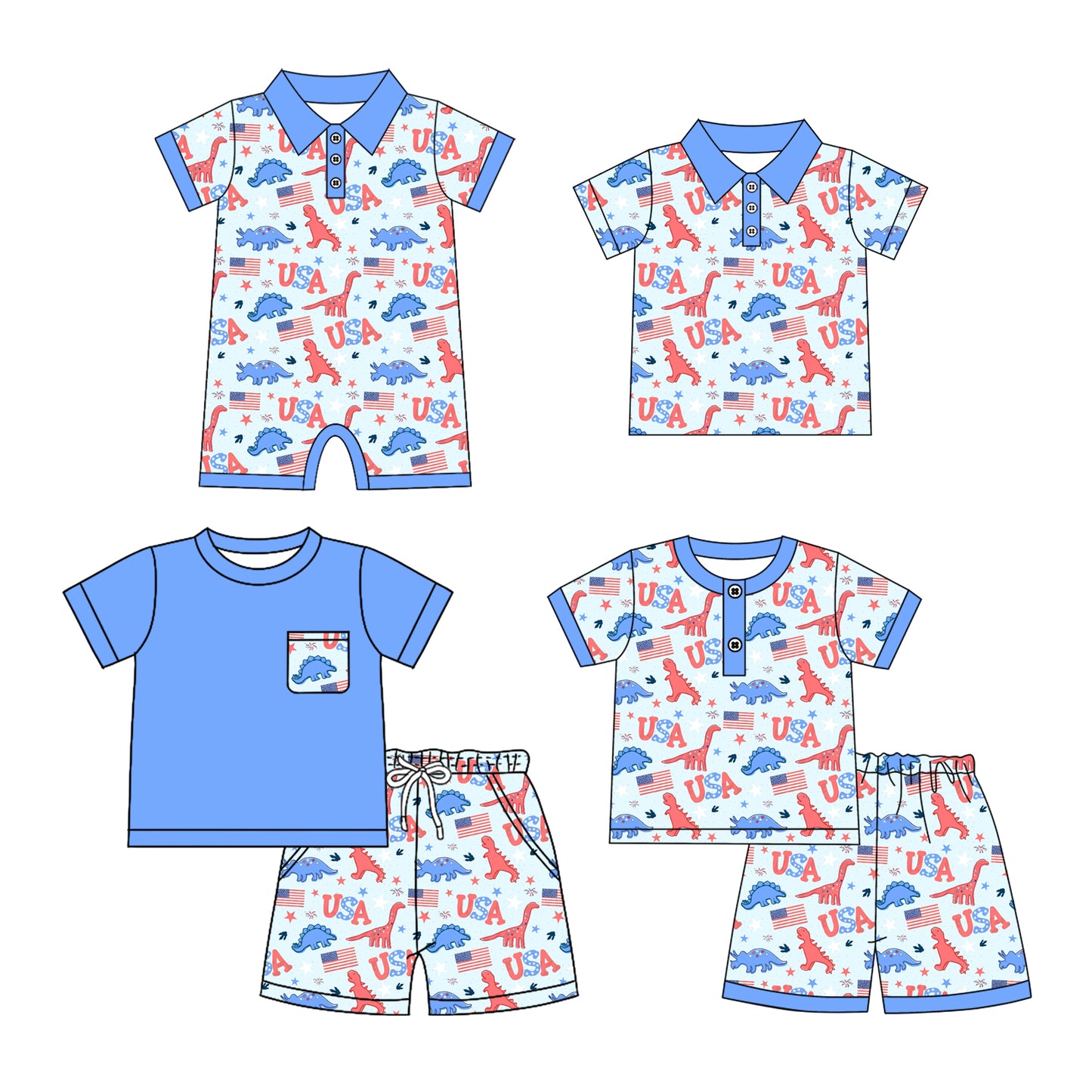 Custom moq 5 mix size Sibling blue Short-Sleeved Baby Boys Pajamas Set Romper Short-Sleeved Polo Shirt And Shorts Set Comfortable Sleepwear for Toddler Boys