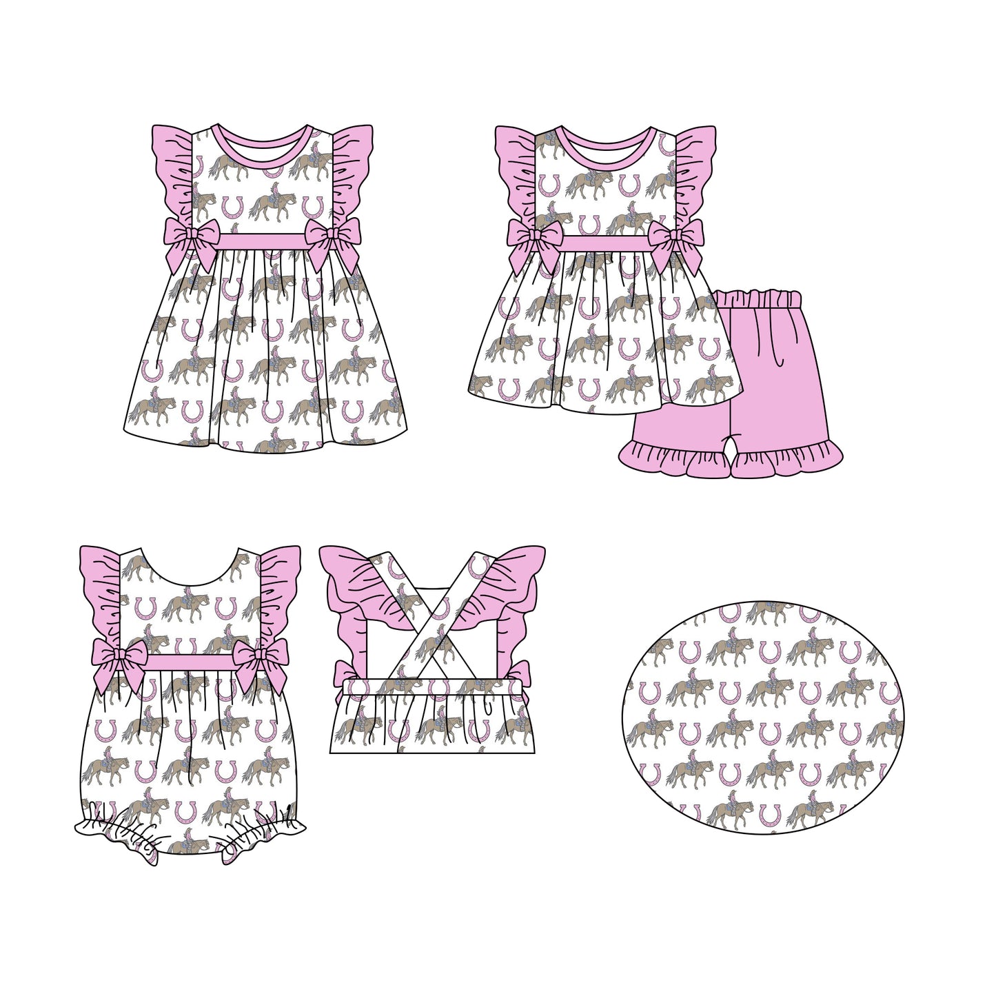12.11 custom each style moq 5eta 4-6week Sibling Sister riding horse baby girl short sleeve shorts sets and dress and rompers match family design