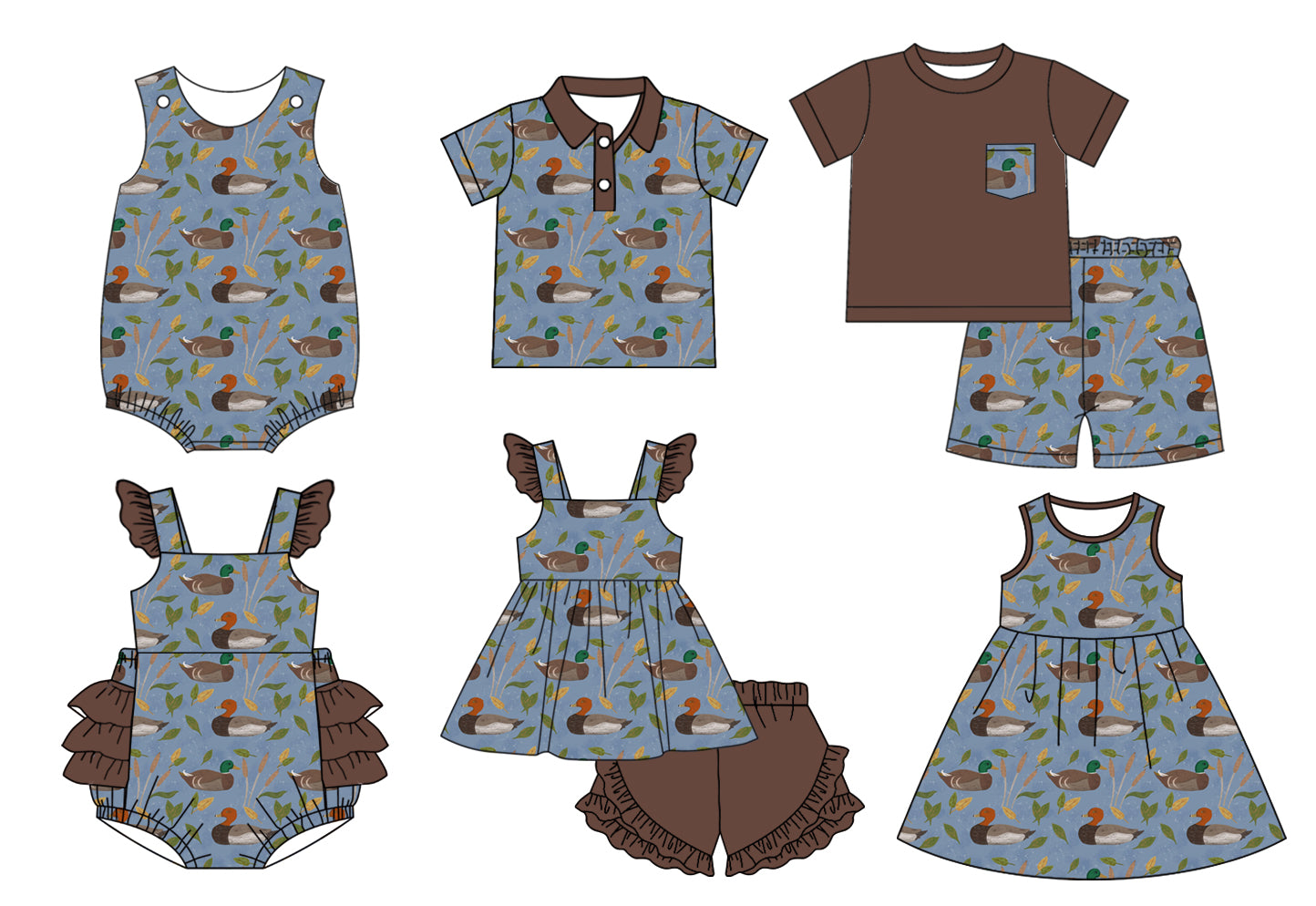 11.13 custom each style moq 5eta 4-6week Sibling Sister duck baby girl short sleeve shorts sets and sets 2 and girls romper and boy romper and dress and top match design