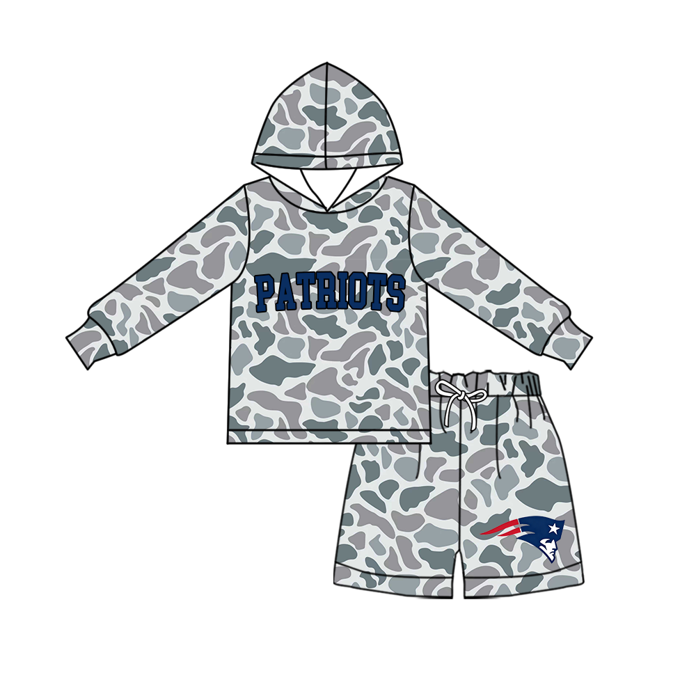 custom moq 5 mix size MSD072505 Baby Kids Grey Camo Long Sleeve Hoodie Top Shorts Team Set