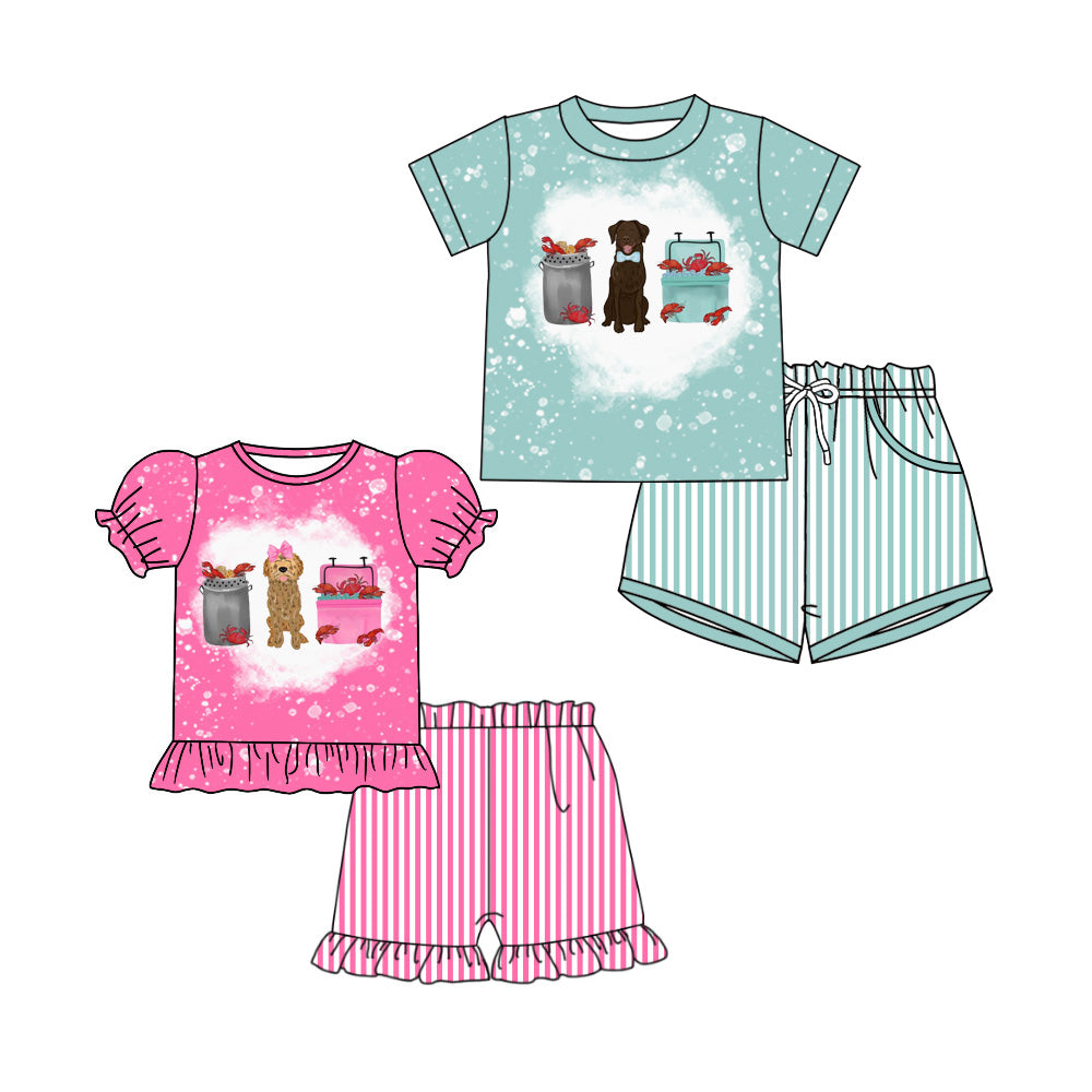 4.3 Custom moq 5 mix size Sibling Baby Boy And Girl Short-Sleeved Top Stripe Short Clothes Set