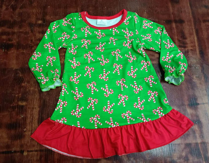 Custom moq 3 eta 6-7weeks Green long-sleeved dress with red striped cane pattern