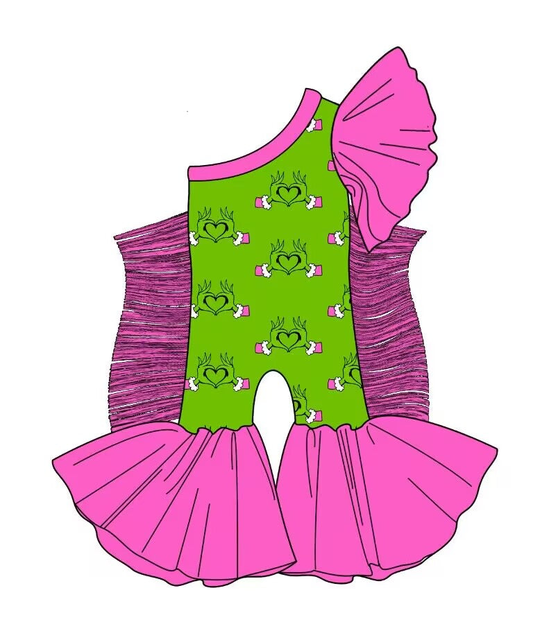 custom moq 5 eta 6-7weeks baby girls clothes Christmas pink tassel green One shoulder Summer jumpsuit