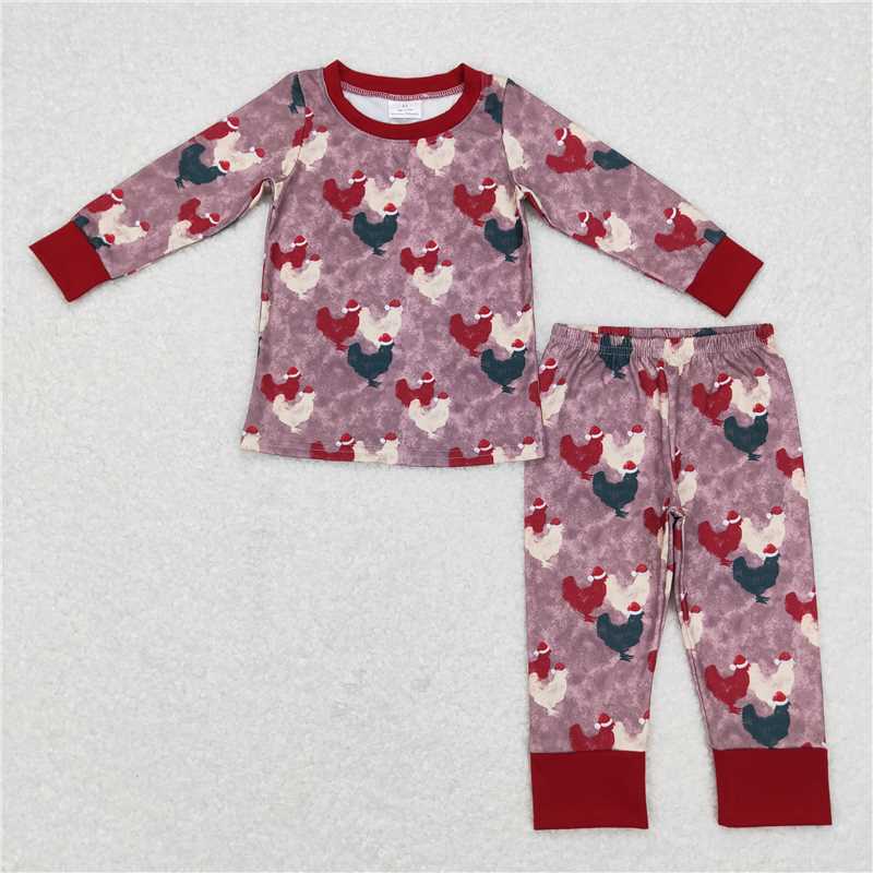 Baby Girls Christmas Chicken Collection - Red Ruffle PJ Set & Boys Solid Cuff PJ Set