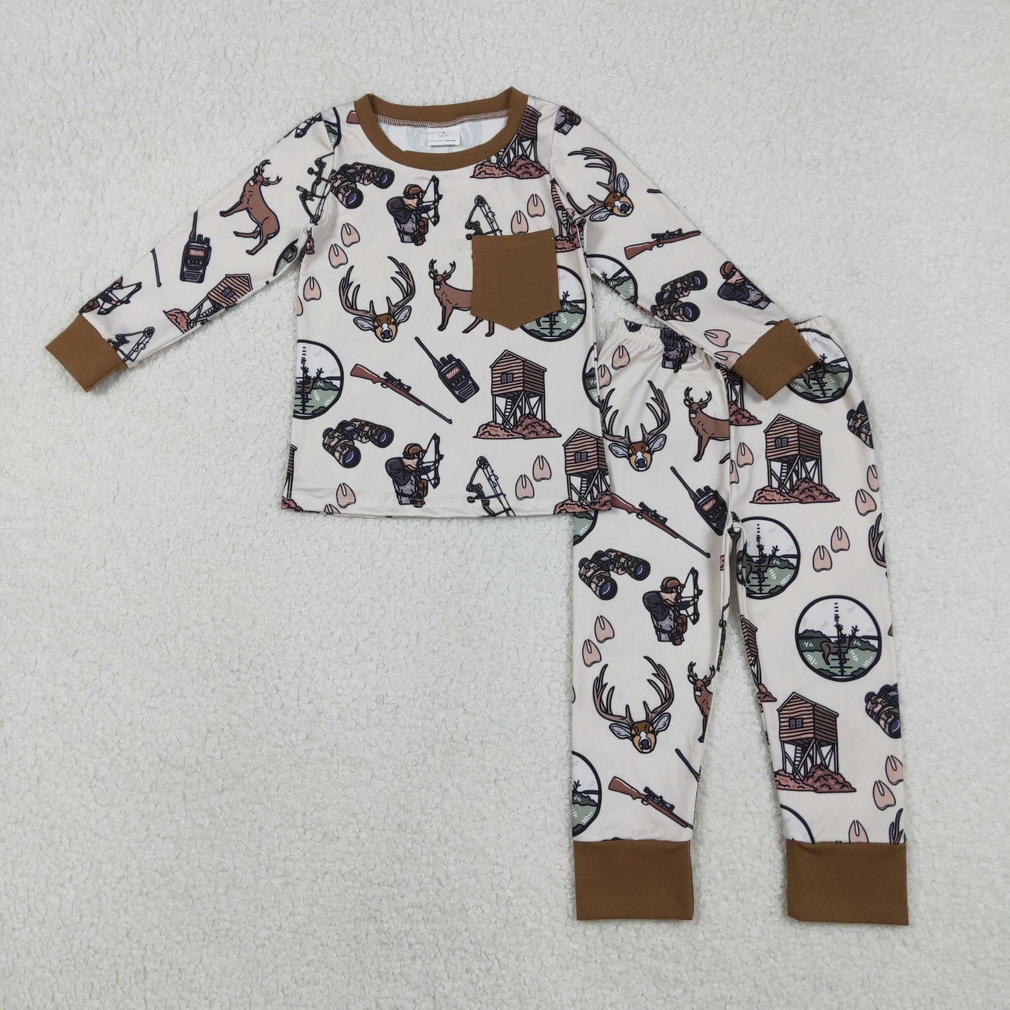 RTS NO MOQ(In Stock ) BLP1236 Reindeer hunting binoculars brown pocket long-sleeved pajamas set