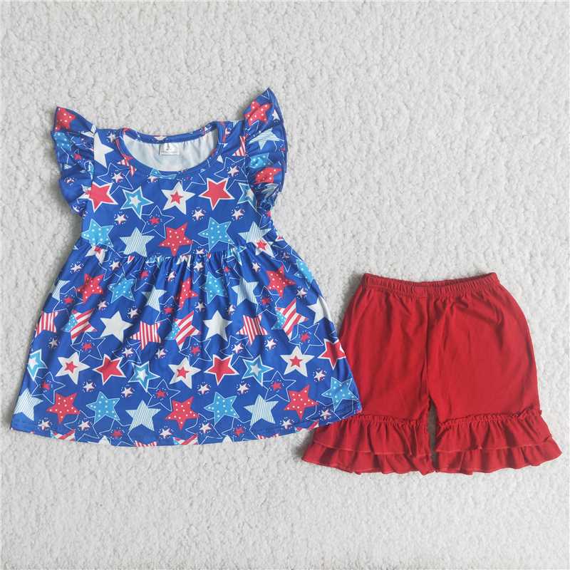 A15-21 Baby Girl's Flutter Sleeves Shirt Ruffle Shorts Outfit