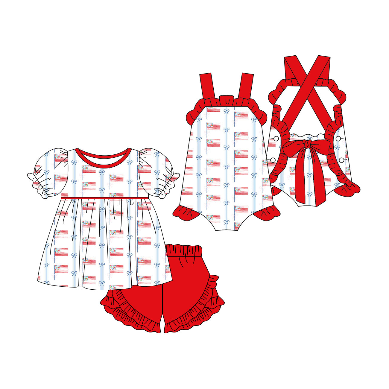 3.16 Custom moq 5 mix size Sibling Baby Girl's 4th of July Short Sleeves Top And Red Ruffle Short Set Cute Romper for Summer