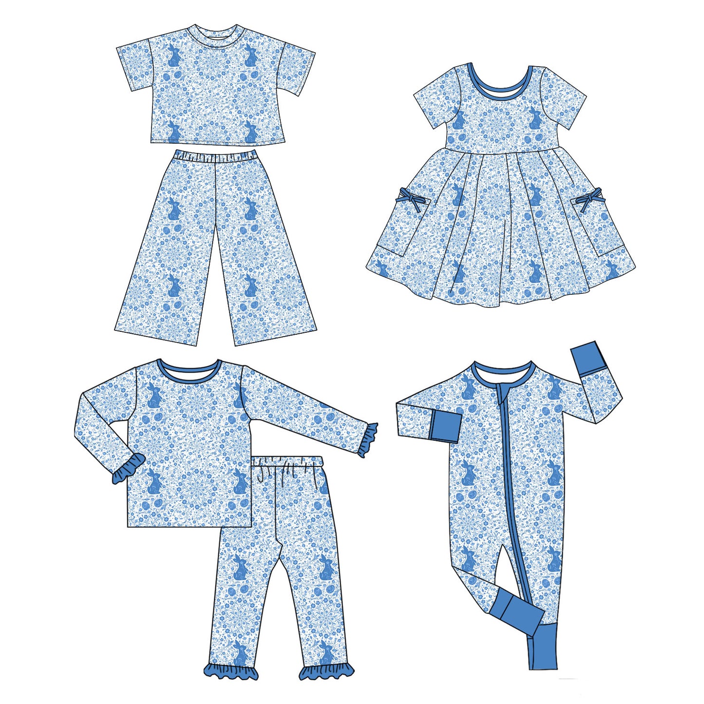 25.11.4 custom each style moq 5 eta 6-8week Sibling Sisters bunny floral baby girl long sleeve pants sets and dress and rompers and pants sets match family design