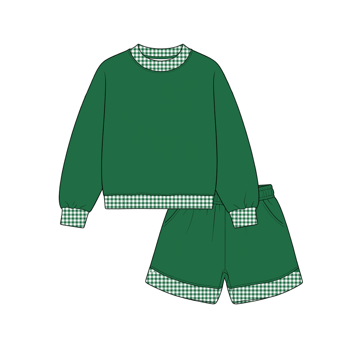 Custom moq 5 girls Blank Cotton Fabric Sweatshirt Shorts Set Forest green sweatshirt and shorts set