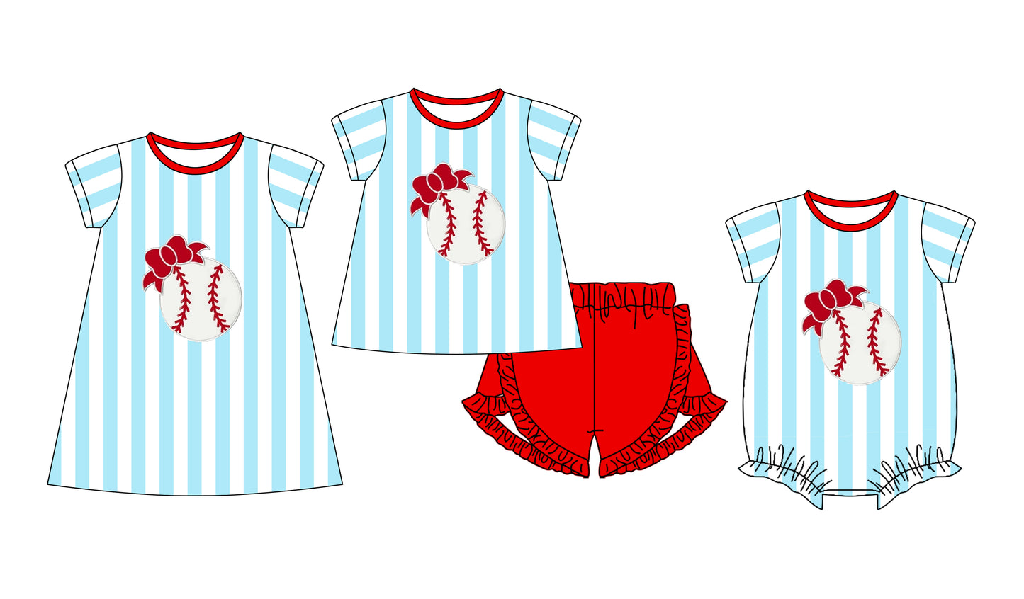 11.25 custom each style moq 5eta 4-6week Sibling Sister baseball bow striped baby girl short sleeve shorts sets and dress and rompers match family design