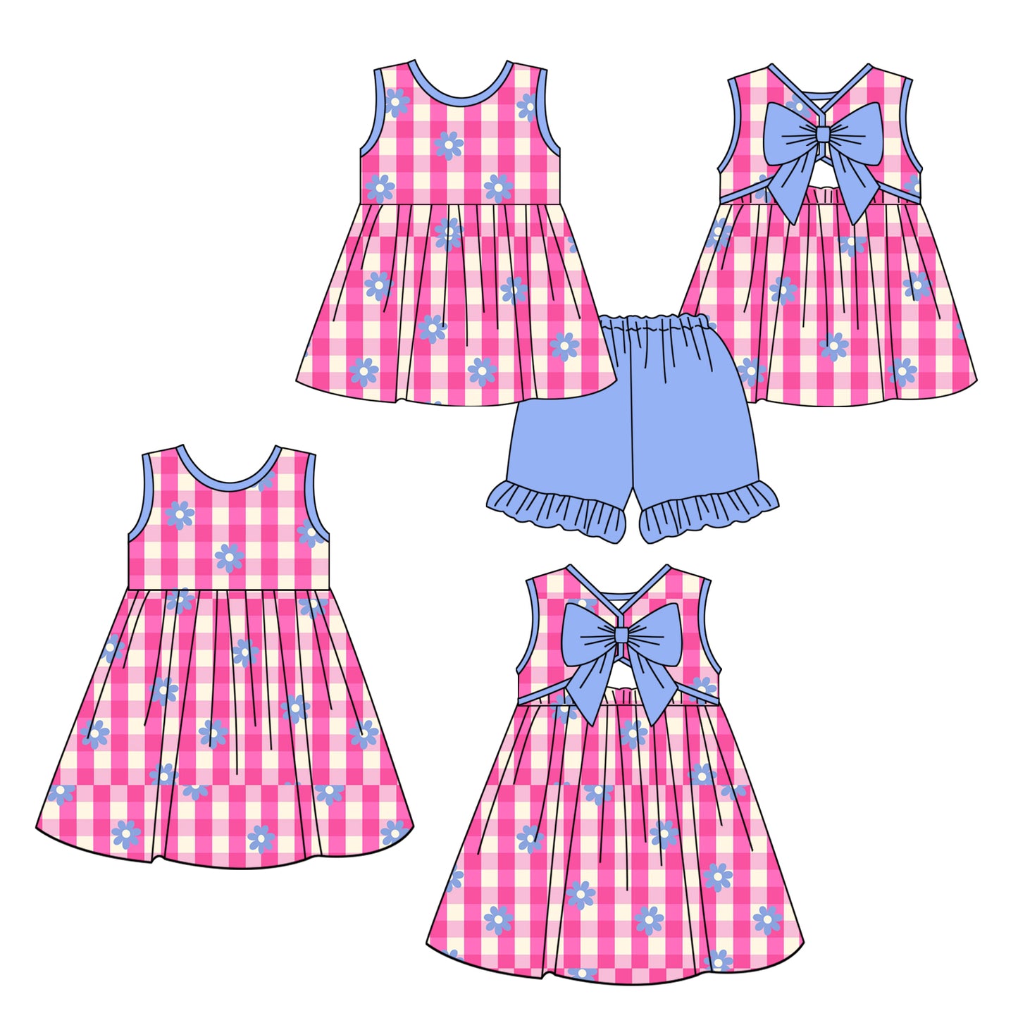 3.23 Custom moq 5 mix size Sibling Baby Girl's Sleeveless Checked Top And Shorts Set Cute Dress for Summer