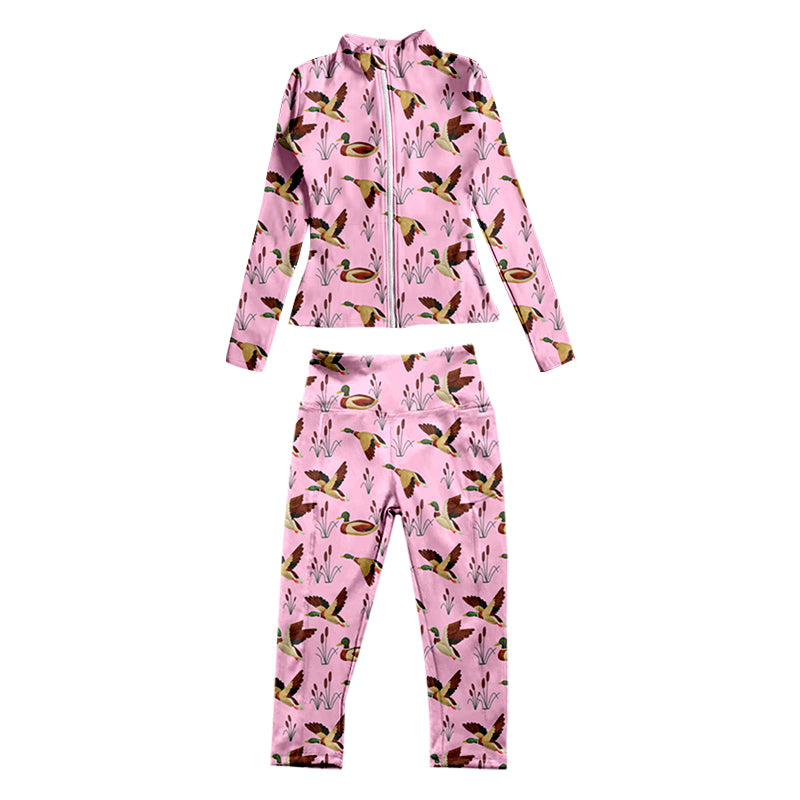 7.3 custom each style moq 5eta 4-6week baby girls clothes duck pink Yoga Suit Zipper Long Sleeve Pants Set