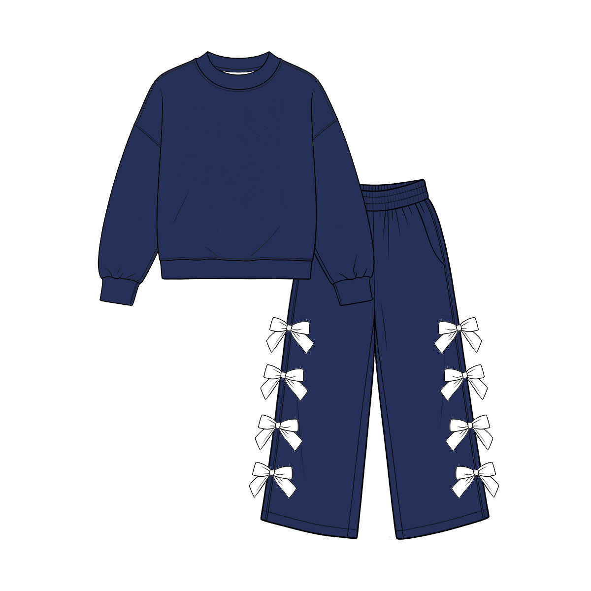 custom moq 5 mix size Baby Girls Navy Long Sleeve Crew Neck Top White Bow Wide Leg Pants Two Piece Set