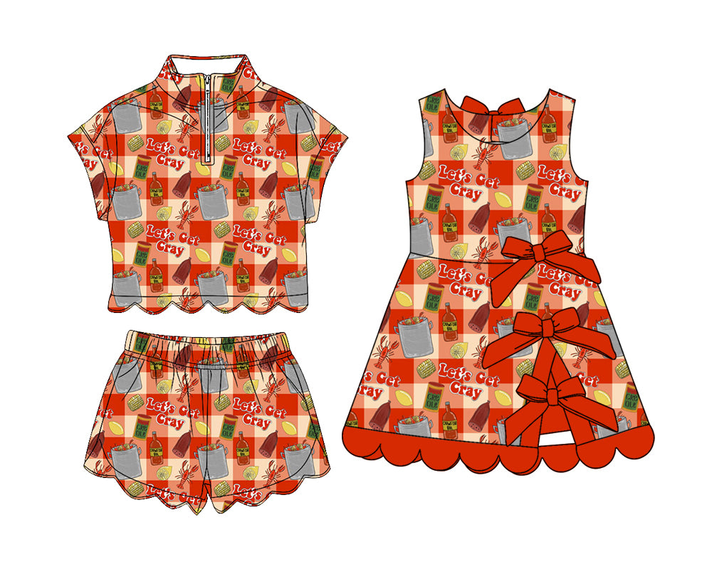 3.14 Custom moq 5 mix size Sibling Baby Girls Red Zipper Top Short Scallop Sets Yoga Active Scallop Short Knee Length Dress