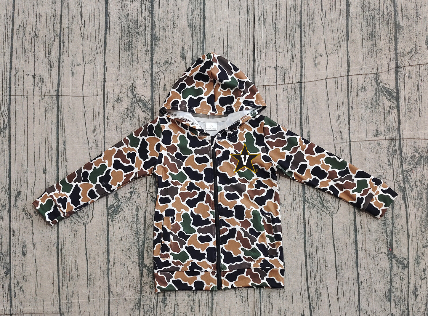 Custom moq 5 mix size milk silk baby boys clothes team summer camouflage zipper hooded long sleeve top-25.11.22